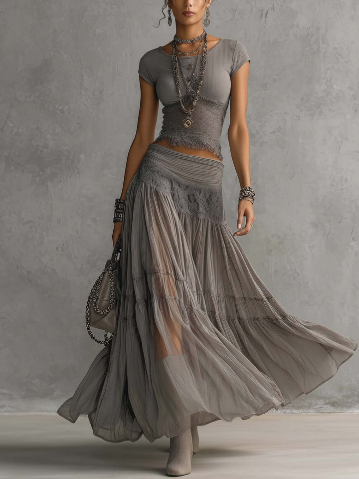 Ensemble Top en Dentelle et Jupe Maxi Plissée milena