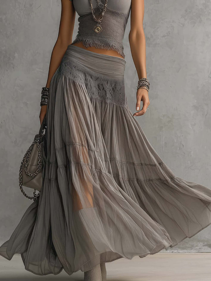 Ensemble Top en Dentelle et Jupe Maxi Plissée milena