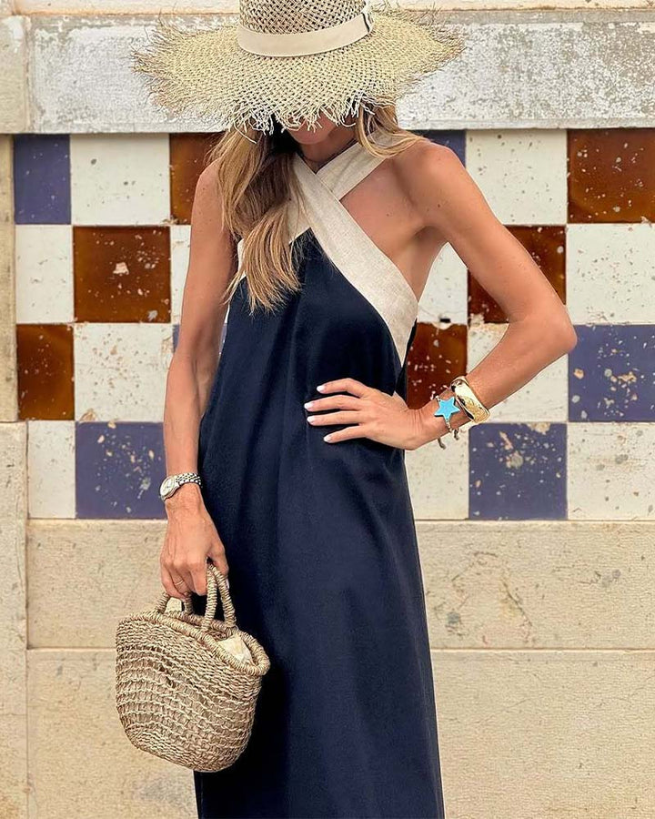 Robe Elegante Croix Dos Sans Dos Avec Couleur Contrastée