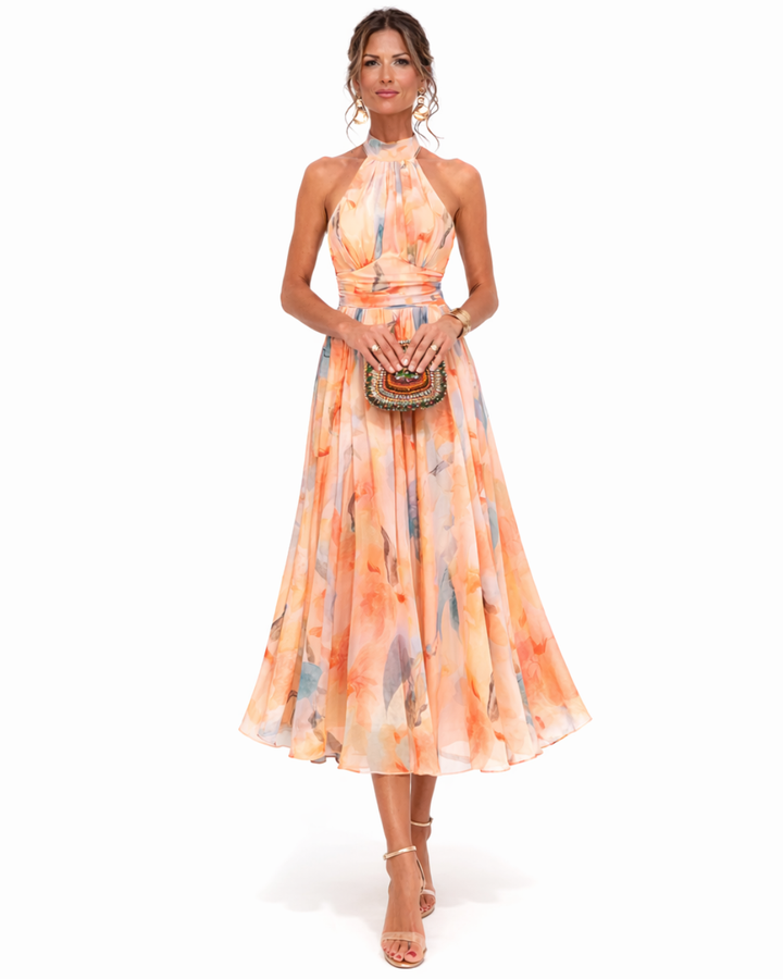 Aurora | Robe Élégante Col Halter Imprimé Aquarelle
