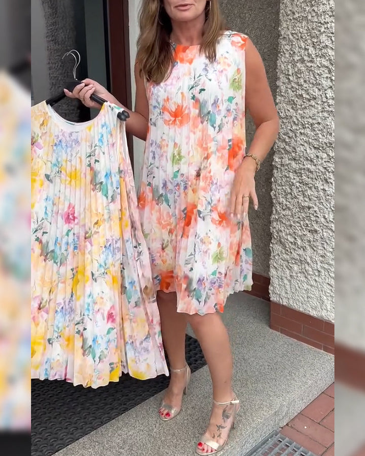 Robe Sans Manches Plissée Fleurie