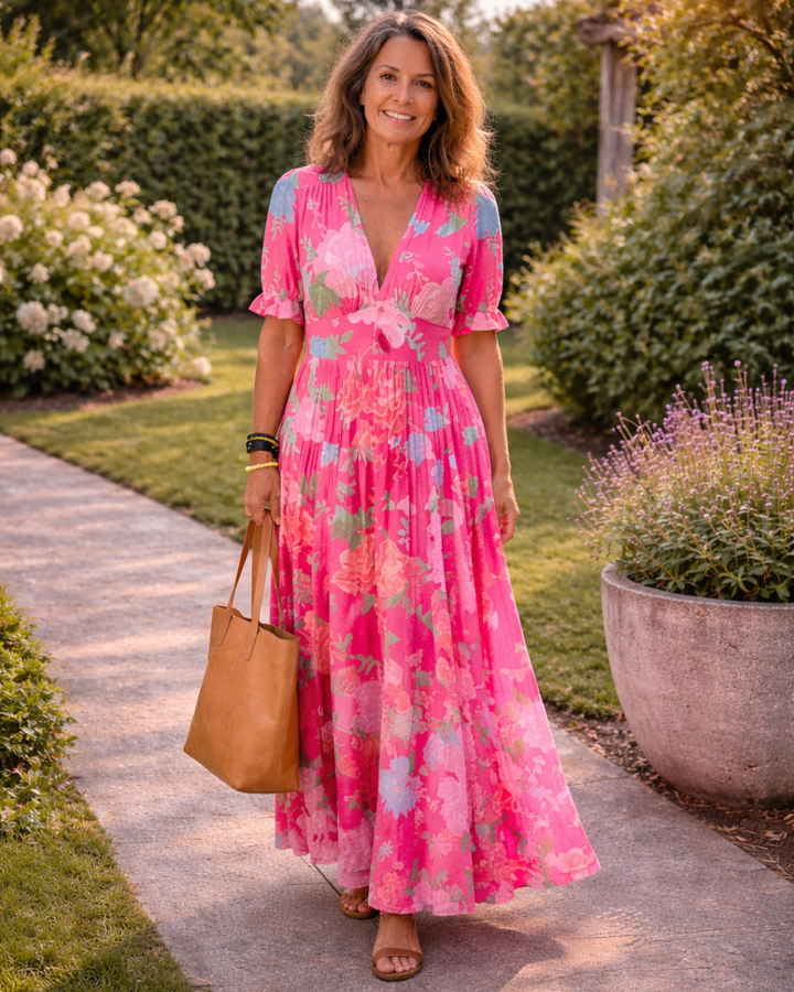 Sabrina | Robe midi à fleurs sans manches avec décolleté en V