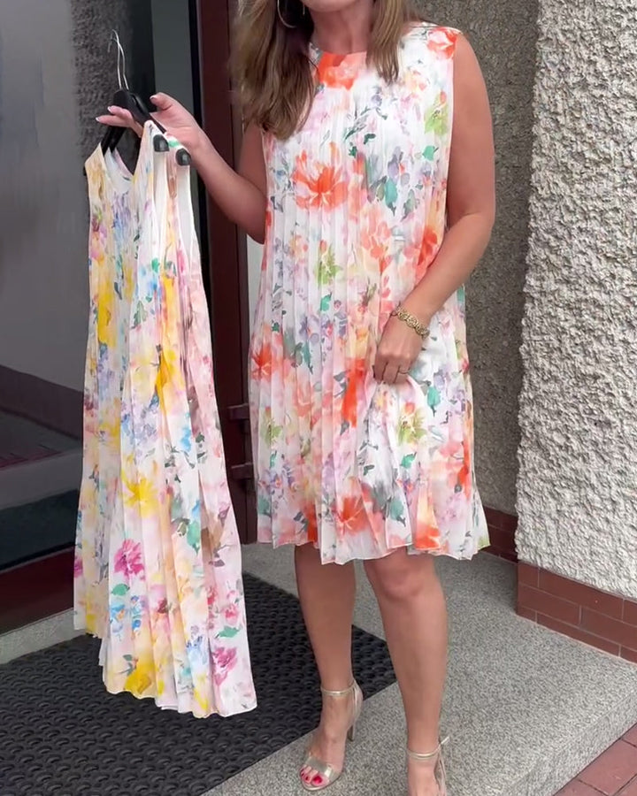 Robe Sans Manches Plissée Fleurie