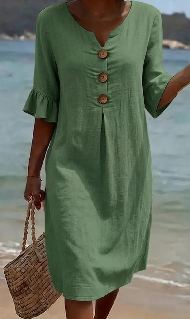 Camille | Robe Lin Et Coton Boutonnée Élégante
