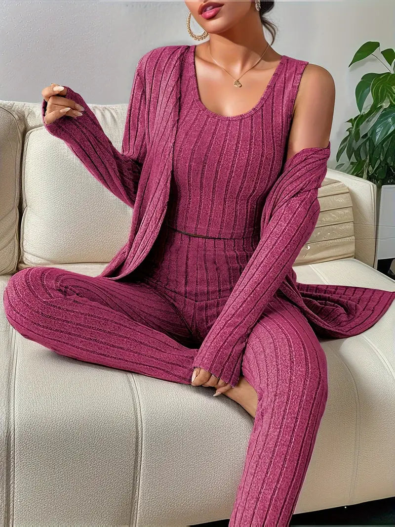 Ensemble 3 Pièces En Tricot Côtelé