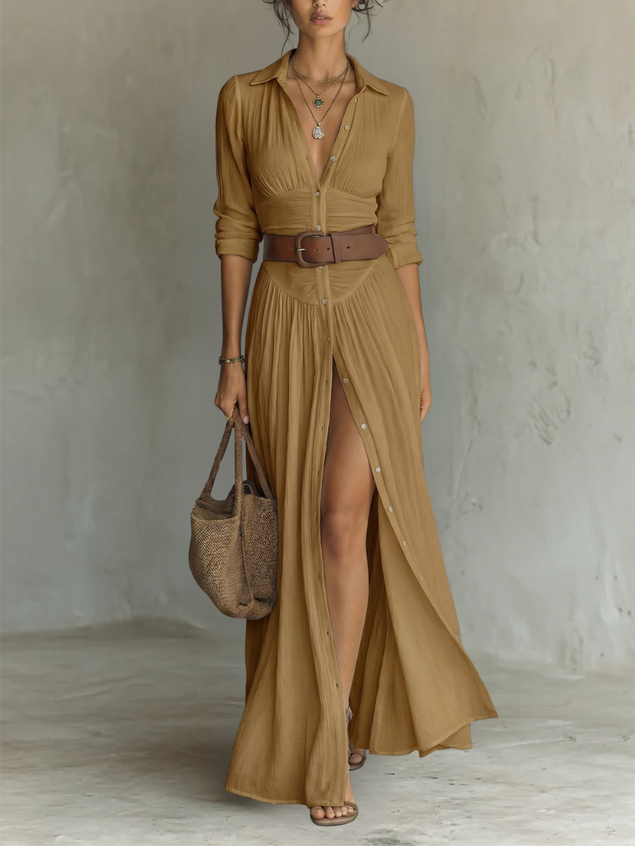 Iris | Robe Maxi Longue avec Col Revers et Manches Longues en Lin pour Femme