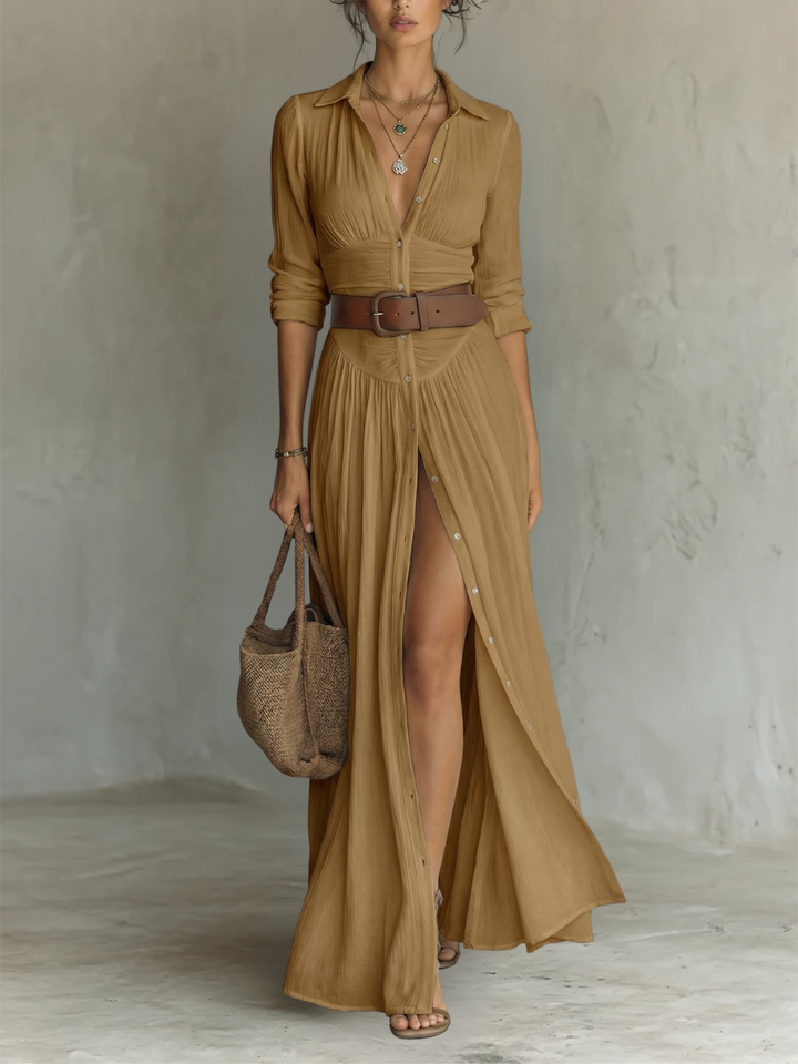 Iris | Robe Maxi Longue avec Col Revers et Manches Longues en Lin pour Femme