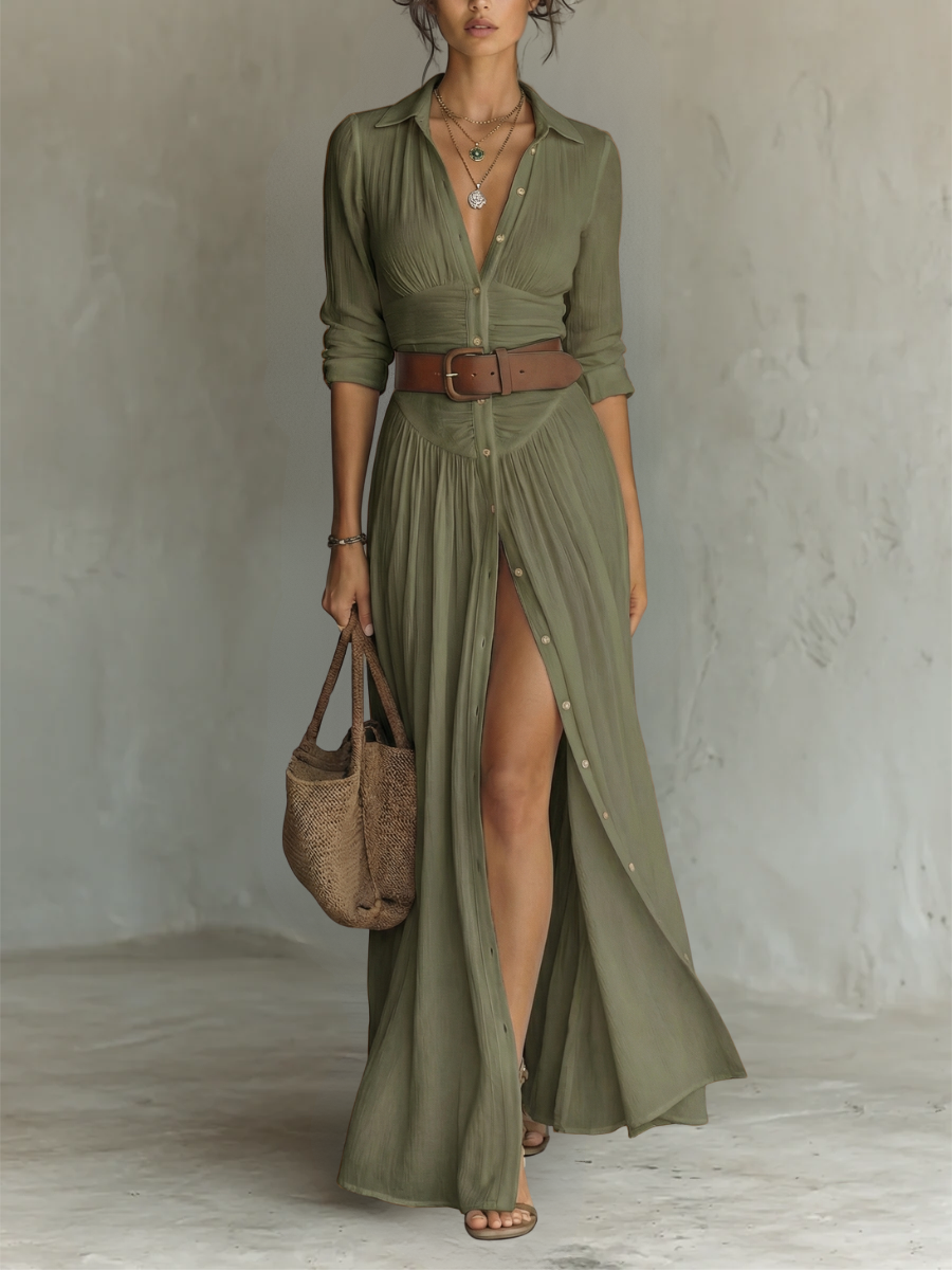 Iris | Robe Maxi Longue avec Col Revers et Manches Longues en Lin pour Femme