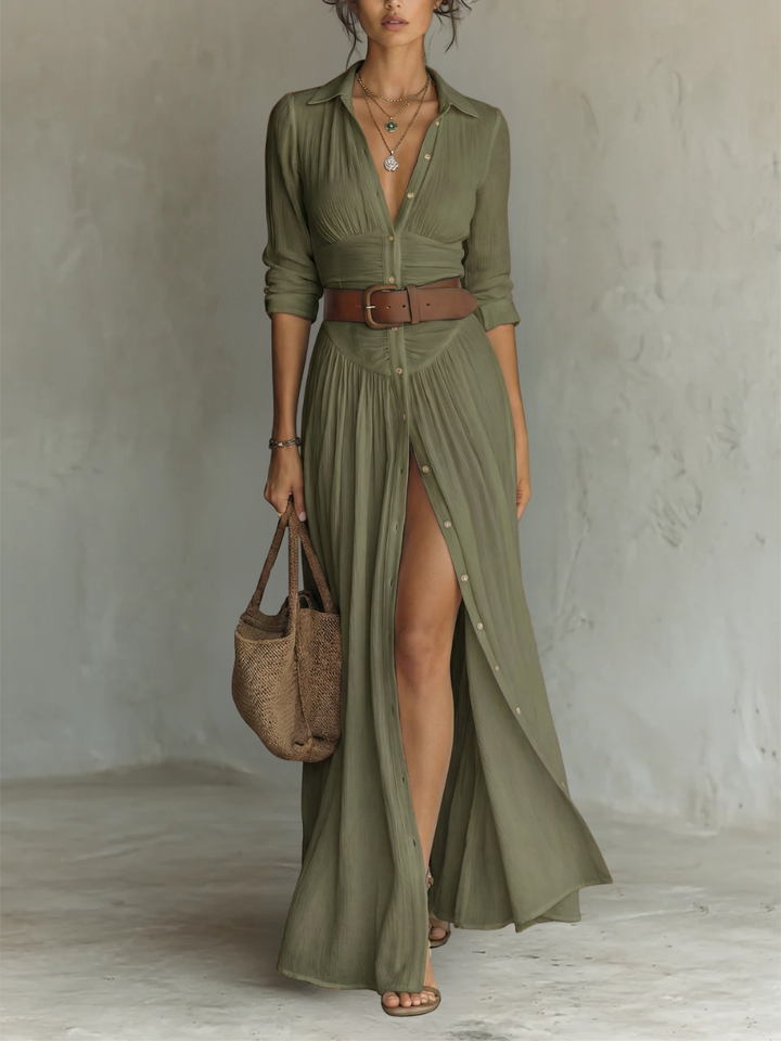 Iris | Robe Maxi Longue avec Col Revers et Manches Longues en Lin pour Femme
