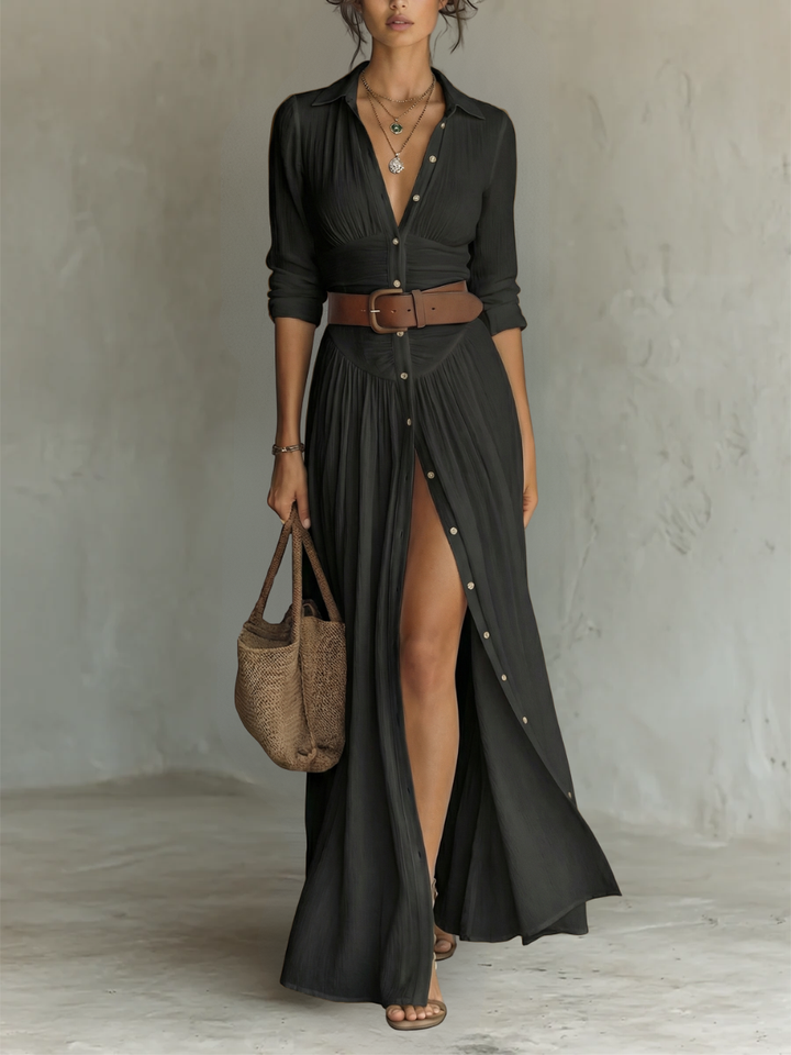 Iris | Robe Maxi Longue avec Col Revers et Manches Longues en Lin pour Femme
