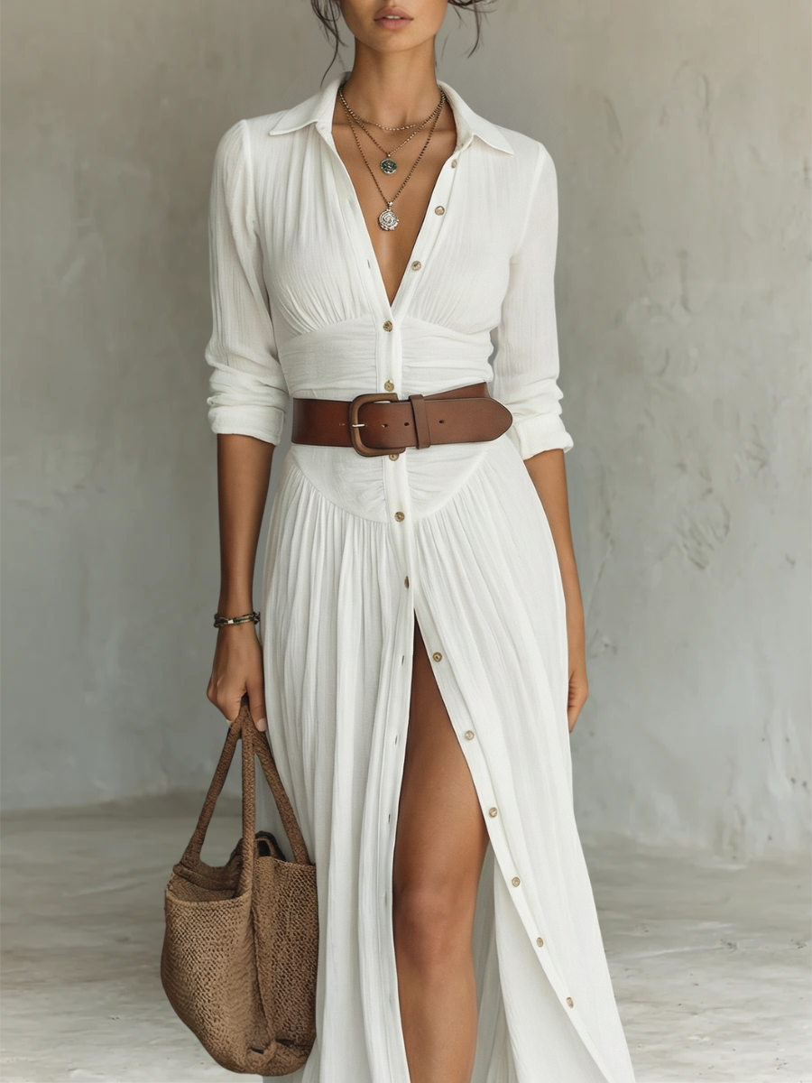 Iris | Robe Maxi Longue avec Col Revers et Manches Longues en Lin pour Femme