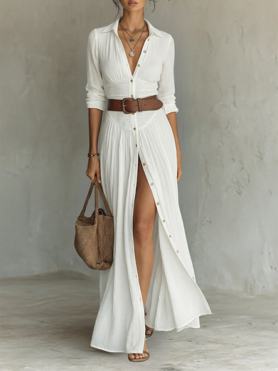 Iris | Robe Maxi Longue avec Col Revers et Manches Longues en Lin pour Femme