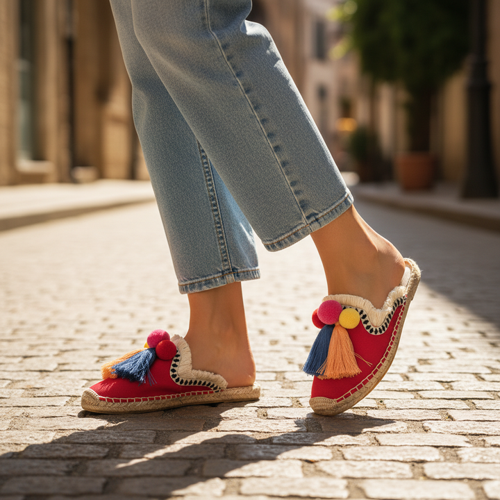 Mules Ibiza À Pompons Tressés