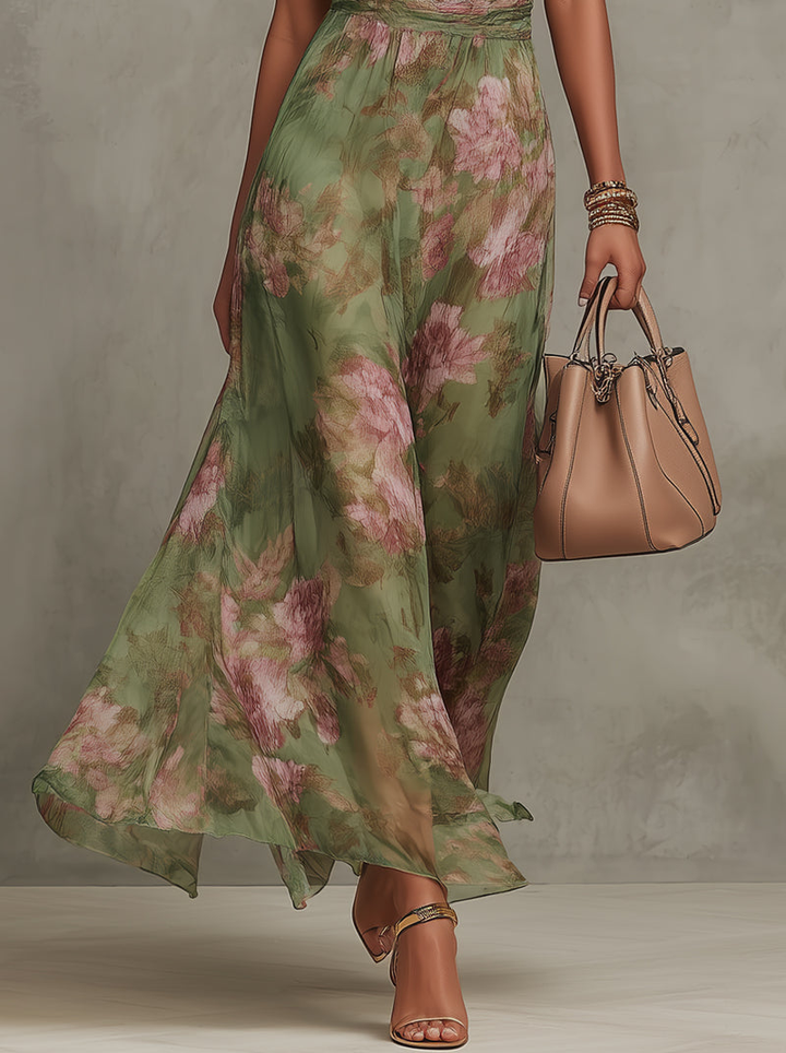 Clémentine | Robe maxi élégante à col halter avec imprimé floral