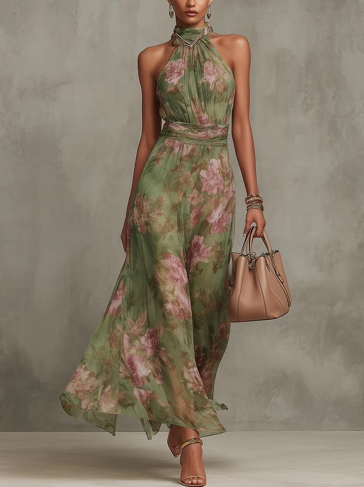 Clémentine | Robe maxi élégante à col halter avec imprimé floral