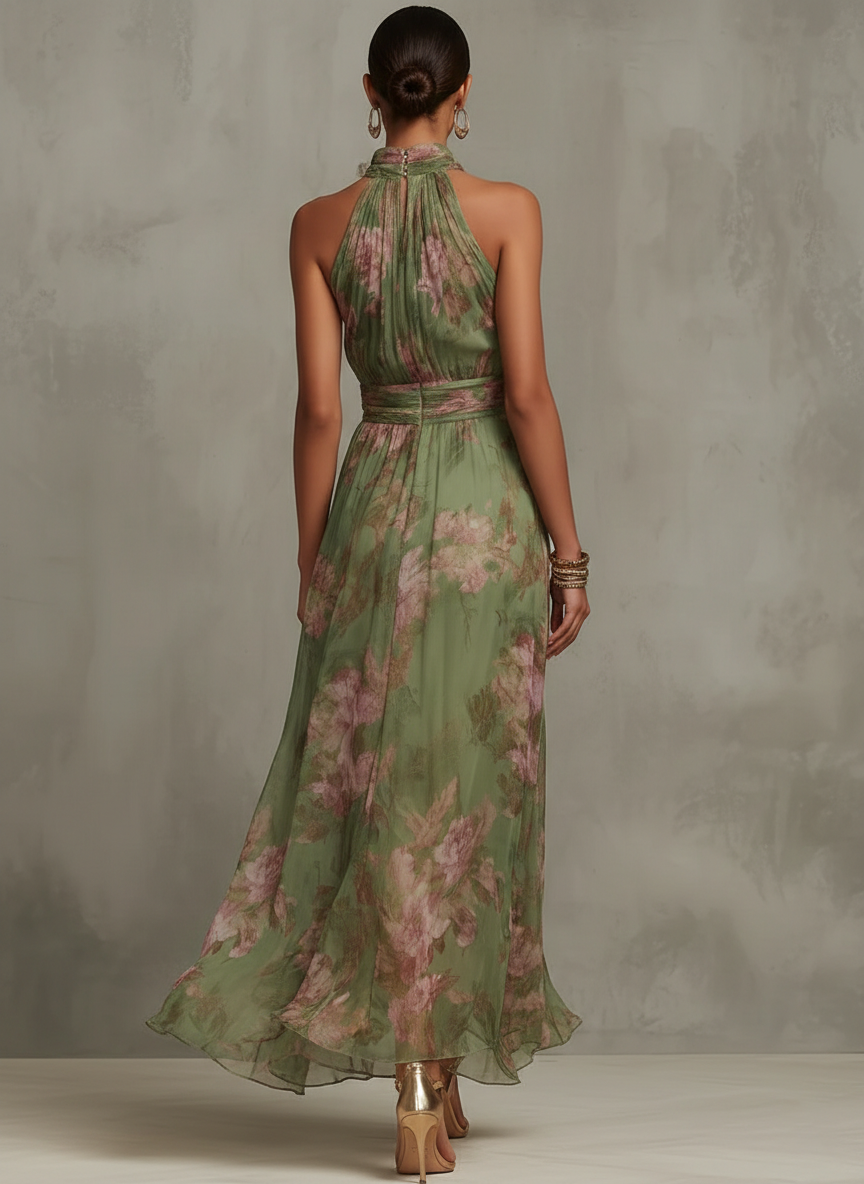 Clémentine | Robe maxi élégante à col halter avec imprimé floral