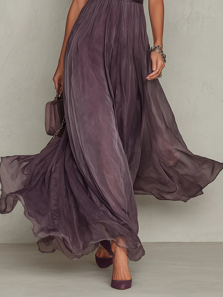 Flavia | Robe Longue Élégante Violet Col Goutte Dentelle