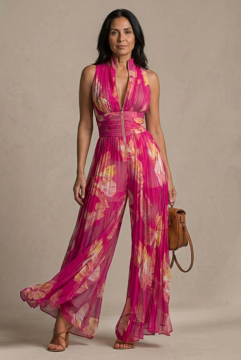Amelie | Combinaison plissée en mousseline à imprimé floral fuchsia