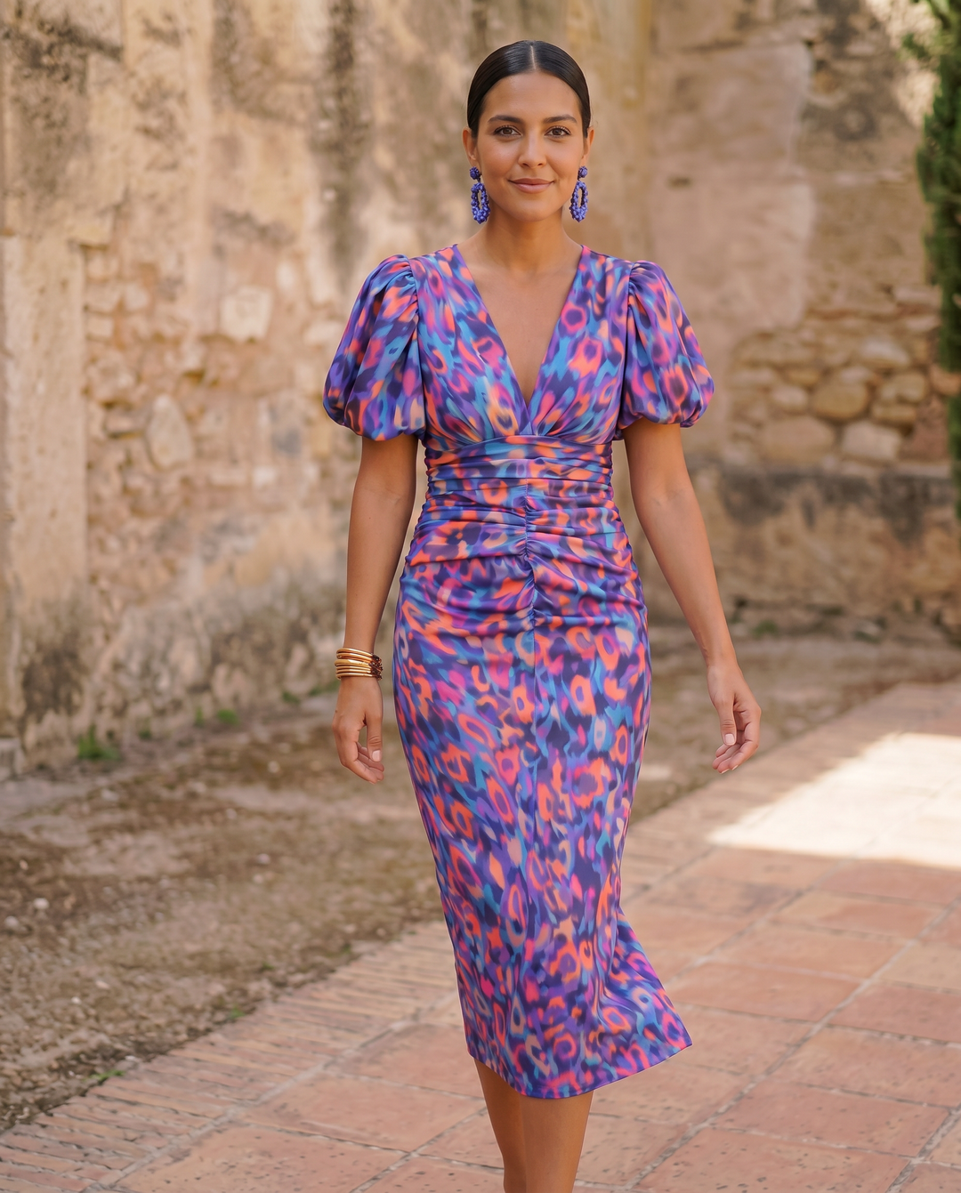 Juliette | Robe midi imprimée avec manches ballon