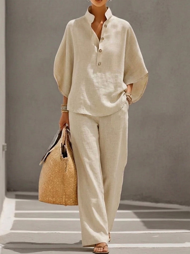 Estelle | Ensemble Coton Lin Manches Chauve-Souris Pantalon Large