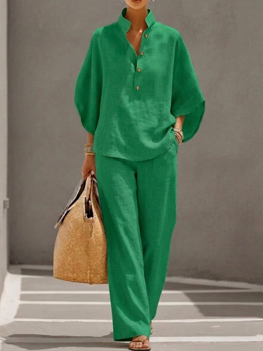 Estelle | Ensemble Coton Lin Manches Chauve-Souris Pantalon Large