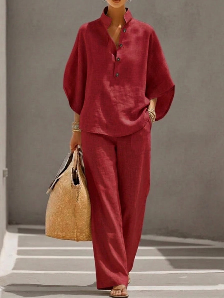 Estelle | Ensemble Coton Lin Manches Chauve-Souris Pantalon Large