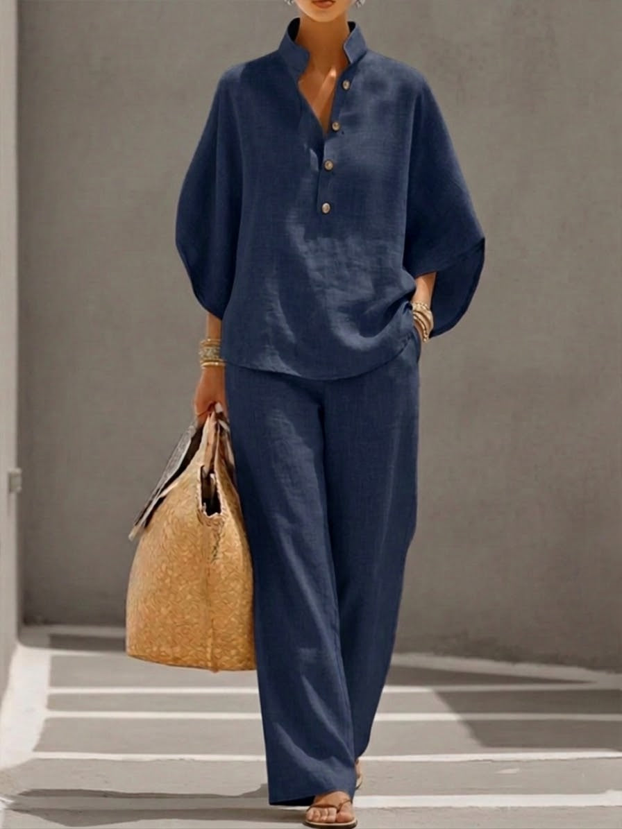 Estelle | Ensemble Coton Lin Manches Chauve-Souris Pantalon Large