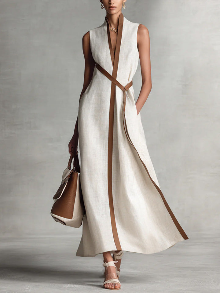 Bella | Robe Élégante en Coton et Lin Sans Manches à Col Montant