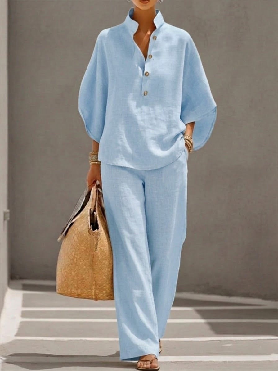 Estelle | Ensemble Coton Lin Manches Chauve-Souris Pantalon Large