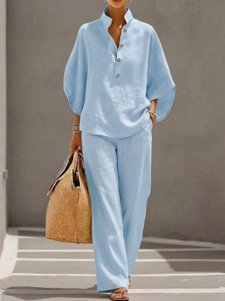 Estelle | Ensemble Coton Lin Manches Chauve-Souris Pantalon Large