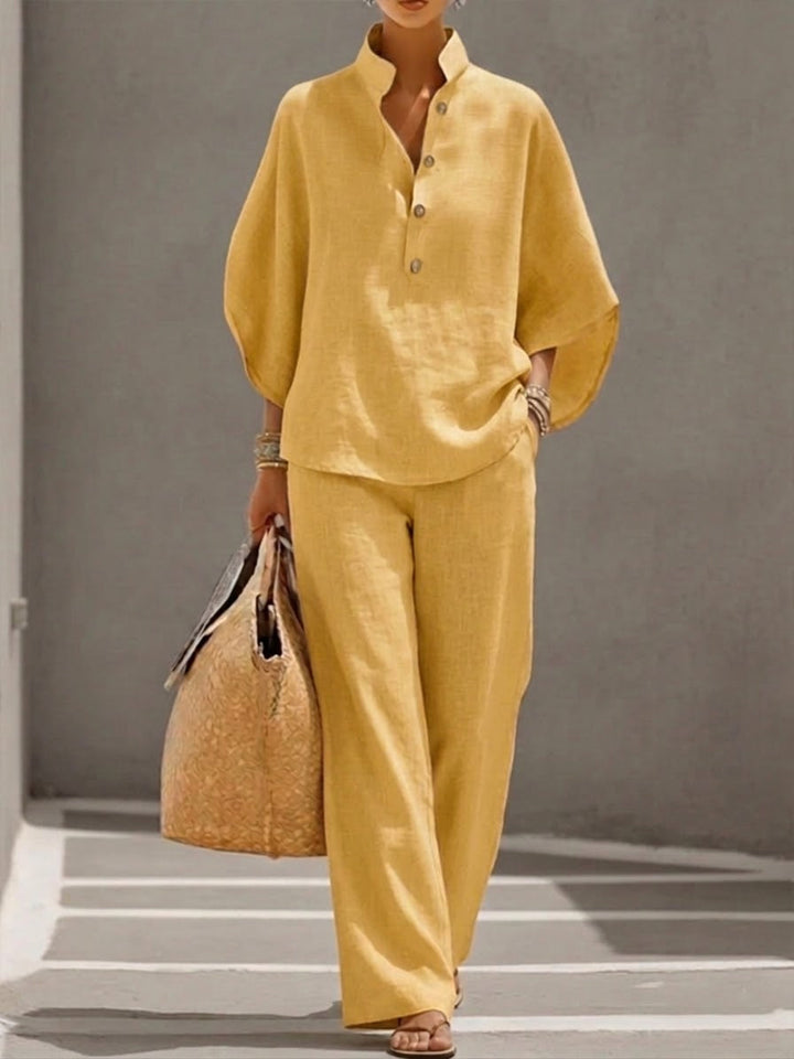 Estelle | Ensemble Coton Lin Manches Chauve-Souris Pantalon Large